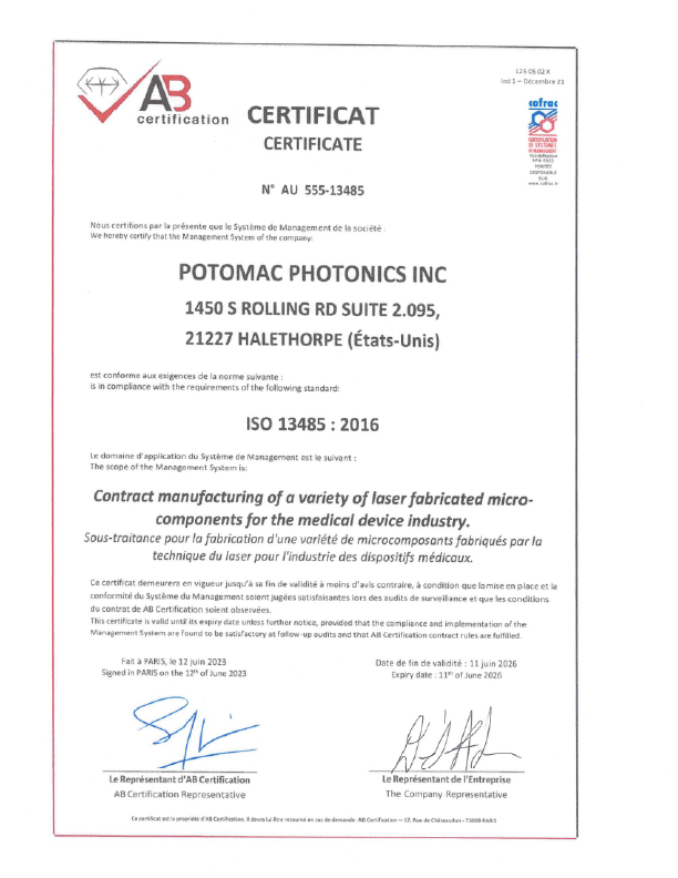 Potomac Photonics ISO 13485 certificate